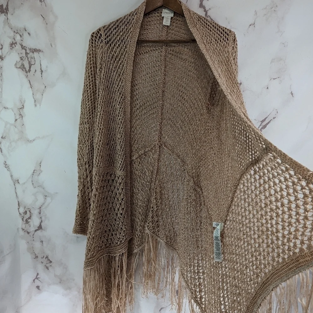 Chicos Cardigan Women Small 0 Pink Sparkle Sweater Metallic Fringe Long Duster